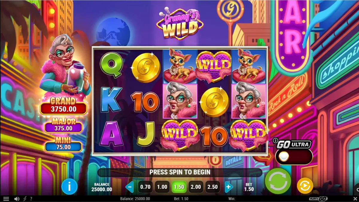 Granny's Wild slot game by Play'n GO featuring a mischievous grandma, neon lights, and Vegas theme.