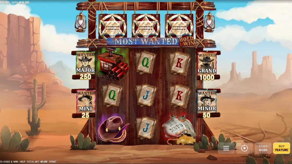 Most Wanted: Hold & Win slot machine interface featuring sheriff badges and western theme